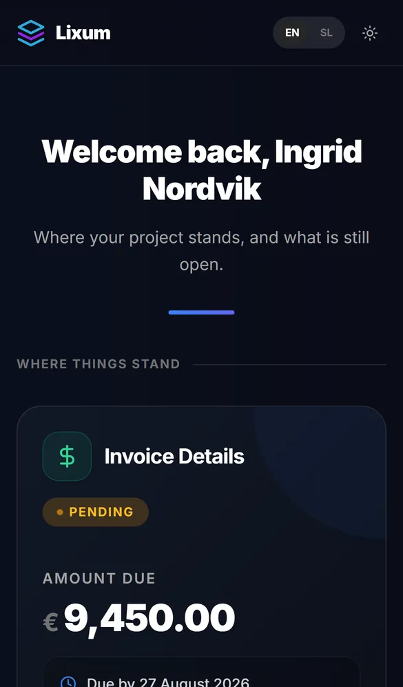 A client portal on a phone, showing a sample invoice
