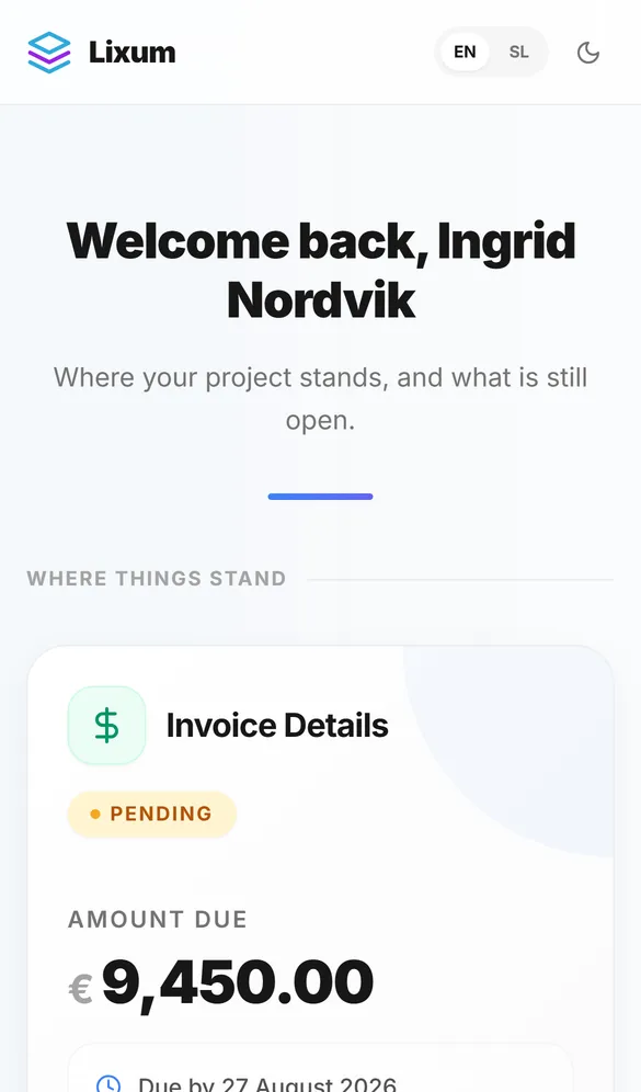 A client portal on a phone, showing a sample invoice